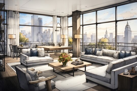 Interior design of a New York city apartment. Sketch drawing, blueprint design. Generative Ai