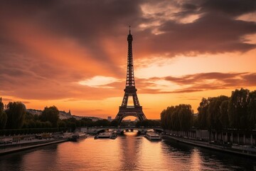 Fototapeta na wymiar sunset view of iconic tower in Paris. Generative AI