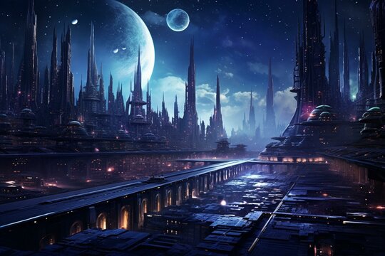 Nighttime cityscape illustration of Coruscant. Generative AI
