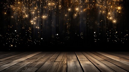 illuminate your designs with the magic of Silvester 2024 - golden fireworks and bokeh lights on rustic black wooden texture, an enchanting choice for greeting cards and event backgrounds.