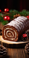 Fototapeta na wymiar Decadent Yule Log Cake: Sliced Chocolate Roulade Dessert Served on Festive Christmas Table