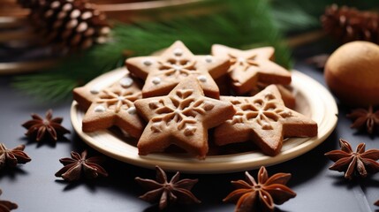 Fototapeta na wymiar Baking Festive Cinnamon and Spruce Gingerbread Star Biscuits with Curly Branches