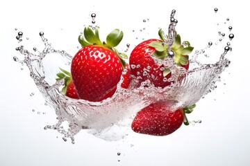 strawberries falling into a splash of water isolated from its background