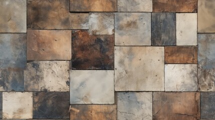 Vintage charm: An old brown and gray rusty square mosaic of patchwork motif tiles adorns the aged...