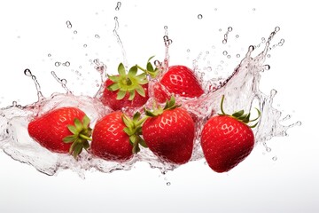 strawberries falling into a splash of water isolated from its background