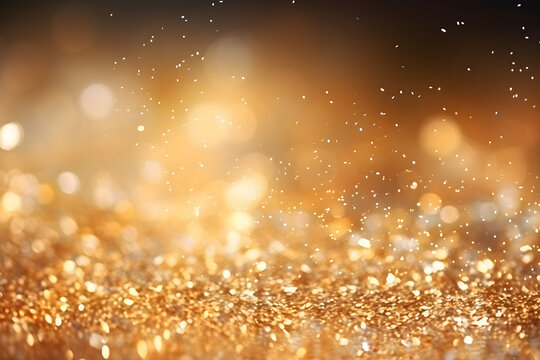 Gold funkelnde Lichter Festlicher Hintergrund mit Textur. Abstrakt Weihnachten glitzernde helle Bokeh unscharf und fallende Sterne. Winter-Karte oder Einladung