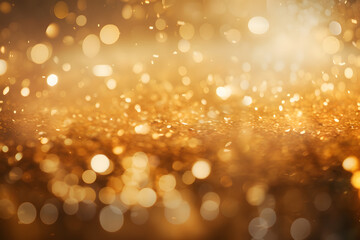 Gold funkelnde Lichter Festlicher Hintergrund mit Textur. Abstrakt Weihnachten glitzernde helle Bokeh unscharf und fallende Sterne. Winter-Karte oder Einladung - obrazy, fototapety, plakaty