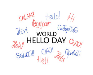 World hello day. Short phrases in different languages, greetings. November 21. Words of greeting. Funny vector banner, calligraphy lettering. Talk, communicate, social network icons. Vector banner.