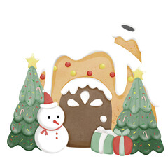 christmas gingerbread house cover with snowman  decorated with Christmas tree gifts and snowman