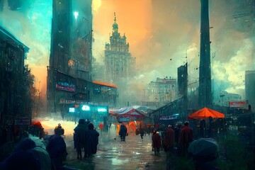 Cyberpunk fantasy concept art future organic old open market for magicians crowds are walking sunlight coming from the sky shopping tents wth purple awnings gold signboards different alien races  - obrazy, fototapety, plakaty