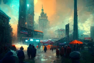 Foto op Canvas Cyberpunk fantasy concept art future organic old open market for magicians crowds are walking sunlight coming from the sky shopping tents wth purple awnings gold signboards different alien races  © Charles