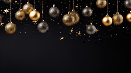 Fototapeta na wymiar Elegant Christmas banner: A group of hanging gold Christmas balls, baubles, and ice crystals on a black background, creating a festive and stylish greeting card template