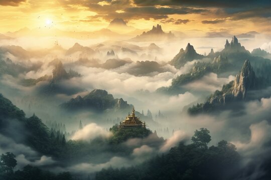 Magical Valentine's panorama with hazy clouds and mist. Enchanting surrealist scenery for Valentine's Day. Generative AI