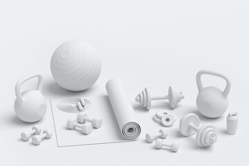 Isometric view of sport equipment like kettlebell, fitness ball and yoga mat