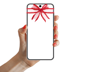 phone in a hand with red ribbon for Christmas on a transparent background in PNG format