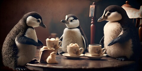 penguins having a tea party  - obrazy, fototapety, plakaty