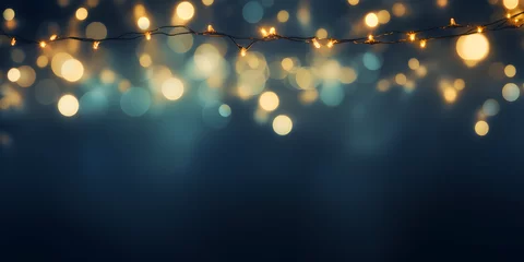Fotobehang Hintergrund mit Glitter, Lichter, Lichterkette, Funkeln, Sterne in blau, gold und schwarz als bokeh Banner © FJM