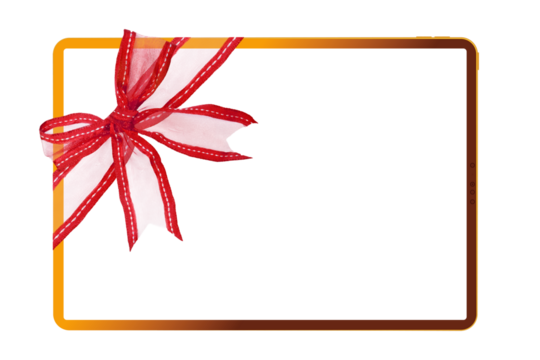 tablet computer isolated with red ribbon for Christmas on a transparent background in PNG format