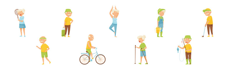 Active Elderly People Characters Enjoy Thei Hobby and Lifestyle Vector Set