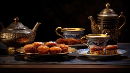 Fototapeta premium Ramadan indulgence: A tempting spread of special dates, Maamoul, and Arabic coffee in elegant cups, celebrating the culinary delights of this festive season