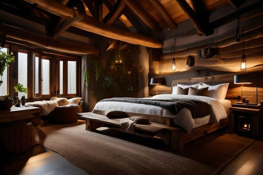 An image of a cozy rustic bedroom with a warm and inviting ambiance - AI Generative