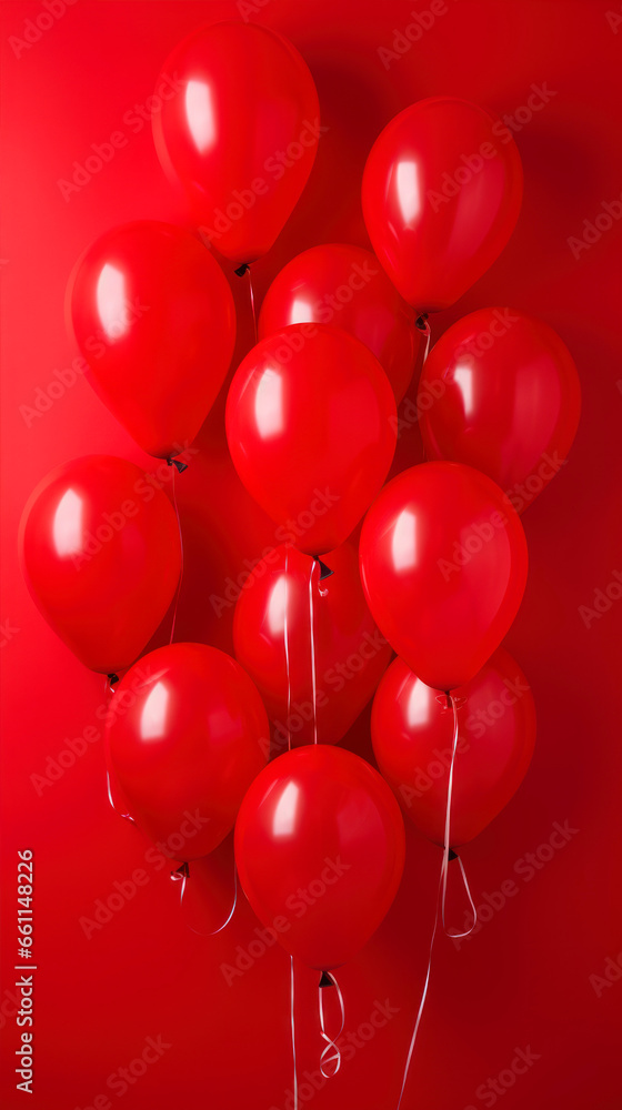 Poster red balloons on a red background. festive background with copy space.