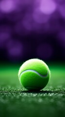 Tennis ball on grass in dark purple green colors. Sport tennis. Vertical format for banners, poster, wallpaper. AI generated.