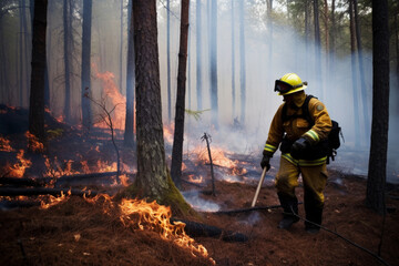 Fototapeta premium Professional firefighter fights wildfire. Firefighter extinguishing forest fire