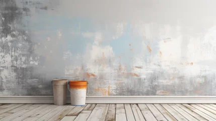 Foto op Plexiglas a bucket or jar of paint on the background of a painted wall, repair, construction, house, apartment, painting, colorful, workshop, space for text, bright colors, interior, design, studio © Julia Zarubina