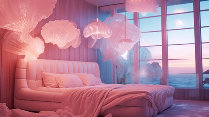 big hotel room bedroom cinematic shot dreamy pastel iridescent light