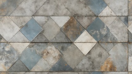Vintage charm: An old brown and gray rusty square mosaic of patchwork motif tiles adorns the aged concrete wall, creating a shabby, retro texture for your wallpaper background