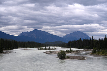 Landscape of Canada with river and Mountains. Jasper National Park, Alberta, Canada.