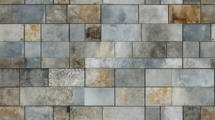 Fototapeta premium Vintage charm: An old brown and gray rusty square mosaic of patchwork motif tiles adorns the aged concrete wall, creating a shabby, retro texture for your wallpaper background