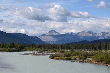 Landscape of Canada with river and Mountains. Jasper National Park, Alberta, Canada.
