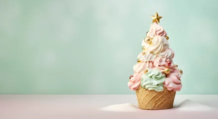 Foto op Aluminium Sweet ice cream pastel Christmas tree. Festive Christmas and New Year holiday season baking idea. Delicious Ice cream in a magical  xmas Candyland  © SM.Art