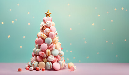 Sweet pastel Christmas tree made of macarons. Festive xmas and New Year holiday season creative candy land banner with teal background. Delicious trendy idea for party decoration or invitation card.