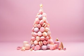 Macaron Christmas tree isolated on pink pastel background. Festive xmas and New Year holiday season creative candy land banner. Delicious trendy idea for party decoration or invitation card. - obrazy, fototapety, plakaty