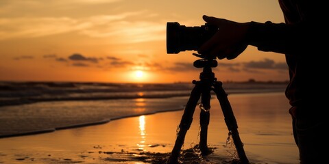 Fototapeta premium A Silhouetted Hand Grasping a Telephoto Lens
