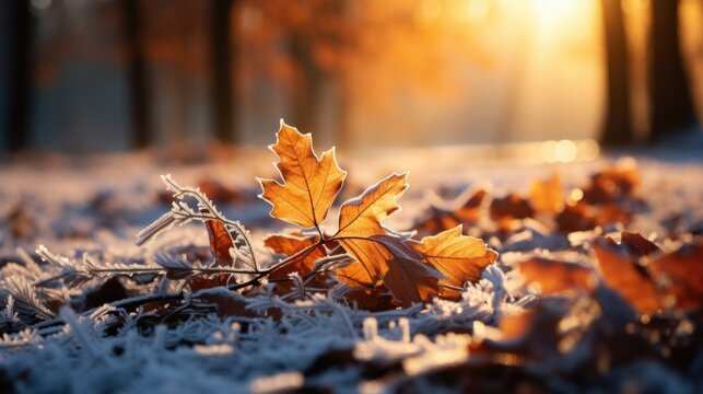 Beautiful branch with orange and yellow leaves in late fall or early winter under the snow. First snow, snow flakes fall, gentle blurred romantic light blue background