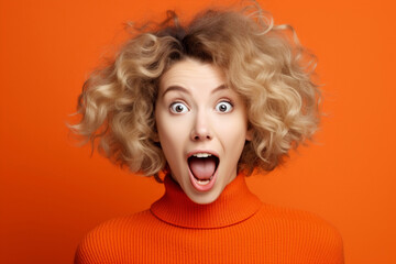 Woman caucasian beauty face young excited amazed hair model surprise female expression shock - obrazy, fototapety, plakaty