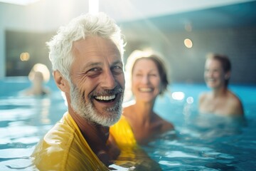 A group of senior adults enjoys a fun and active session in an indoor pool, promoting health and happiness through hydrotherapy.