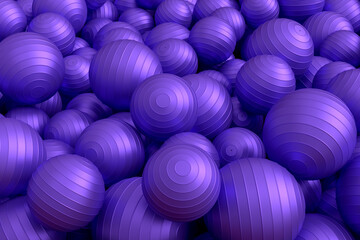 Pile of violet fitness ball or fitball falling on white background