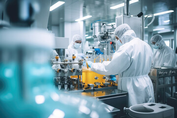 In a state-of-the-art pharmaceutical factory, scientists, engineers, and technicians work on efficient drug production using modern technology and equipment. - obrazy, fototapety, plakaty