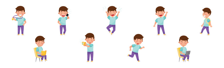 Cute Boy Character Engaged in Different Activity Vector Set