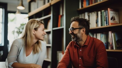 Man with glasses and woman chatting about work between bookshelvesq