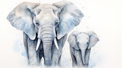 Watercolor drawing of two elephants. Mother and child.