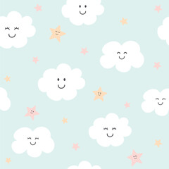 Seamless pattern with cute clouds and stars. Background for kids. Vector illustration. It can be used for wallpapers, wrapping, cards, patterns for clothes and other.