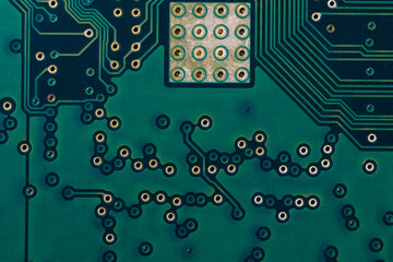 Reverse side of the microcircuit. Underside of the green electronic board
