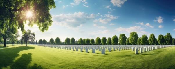 Big american military cemetery with perfect green grass, panorama. Generative Ai. - obrazy, fototapety, plakaty