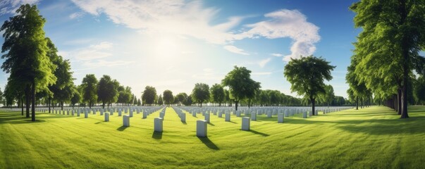 Fototapeta premium Big american military cemetery with perfect green grass, panorama. Generative Ai.